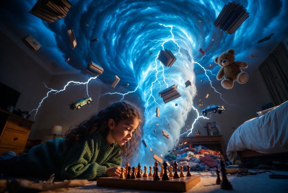 Two children playing chess together inside a glowing fantasy kingdom.